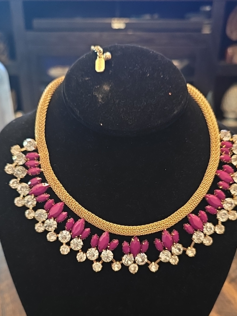 Natasha Couture Gold Necklace with Pink Stones and Clear Crystals